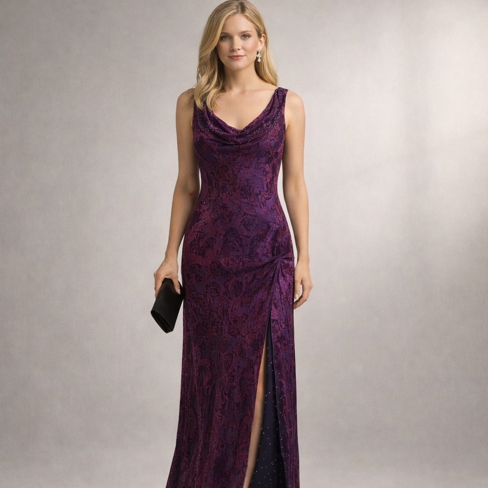 Vintage 90s Valerie Stevens Purple Burnout style gown w/slit SZ 10.